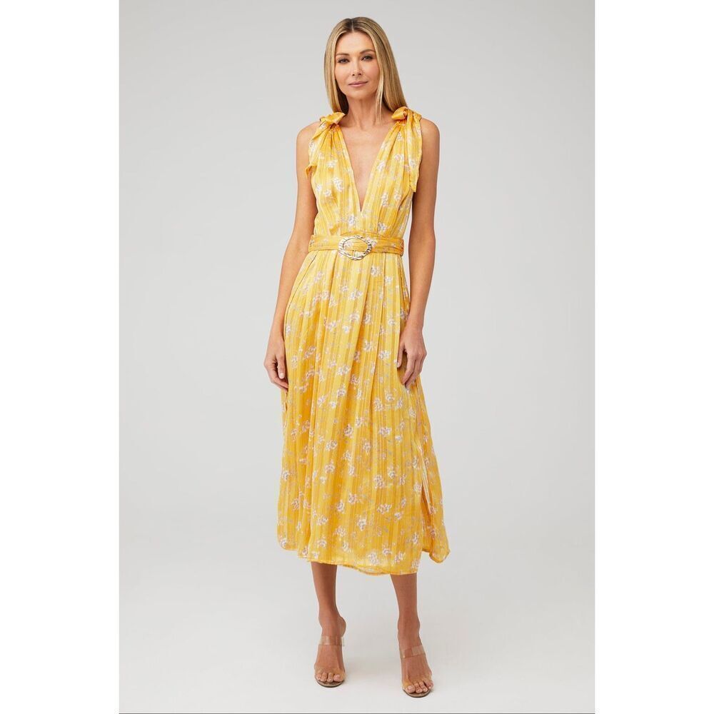 Sabina Musayev Kimber Dress In Yellow Metallic Floral Chiffon Lurex Size XS $340